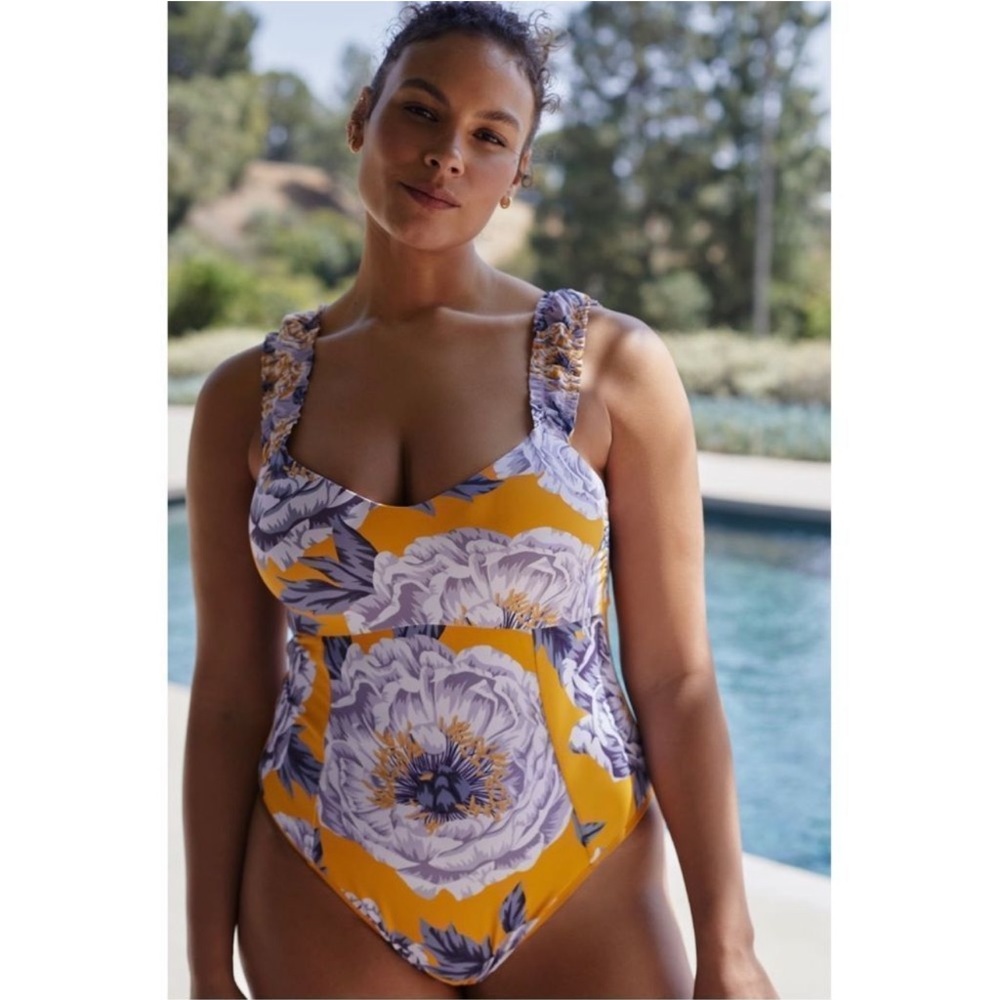 Anthropologie Maeve Goldenrod Floral Heidi Gathered Strap One Piece Swimsuit